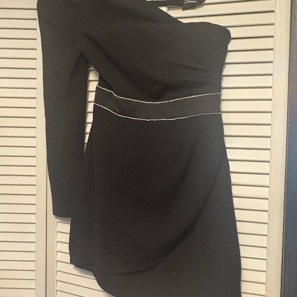 bebe Black One-Shoulder Dress with Silver Accents